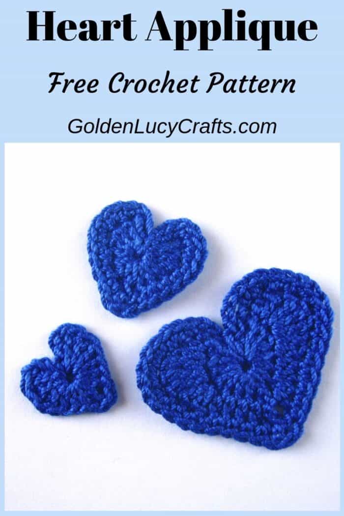 Crochet heart applique, hearts in three sizes, free crochet pattern