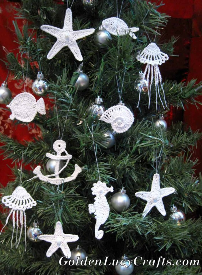 Ocean themed Christmas tree, sea motifs crochet ornaments