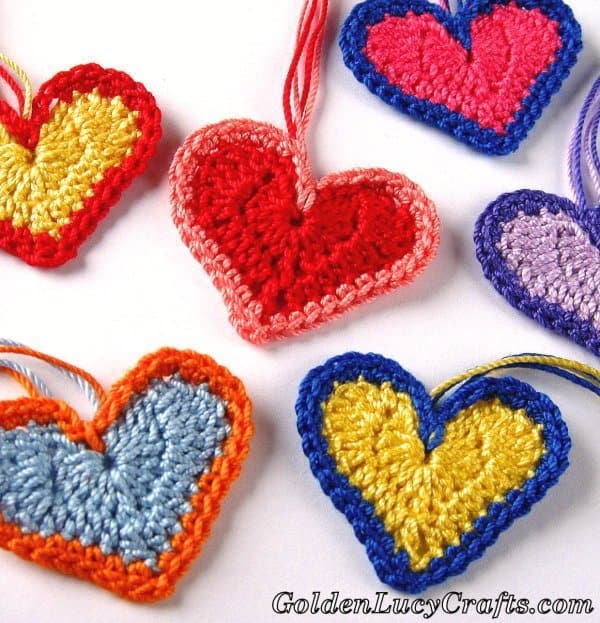 Crochet hearts close up picture.