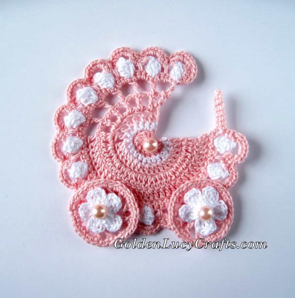 Baby Stroller crochet applique in pink