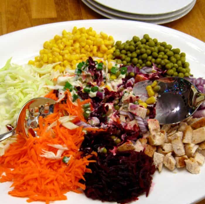 Salad Goat in the Garden, Ukrainian salad recipe, vegetables, chicken