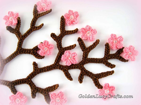 Crochet cherry blossom branch applique