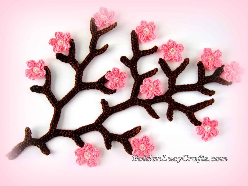 Crochet cherry blossom branch applique