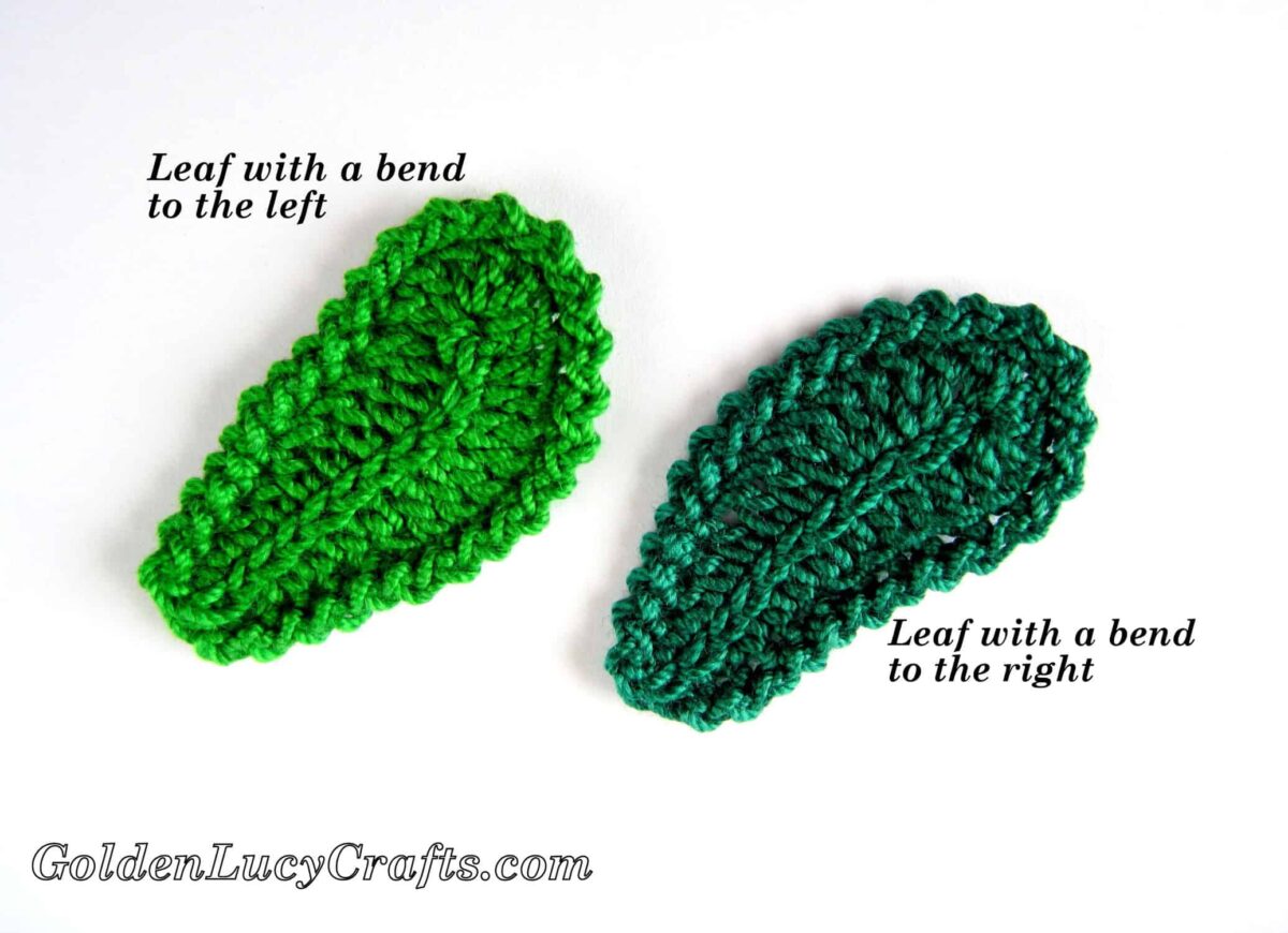 Two crocheted green leaves- one leaf with a bend to the left and other with bend to the right.