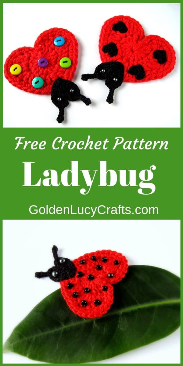Crochet heart shaped ladybug applique, free crochet pattern