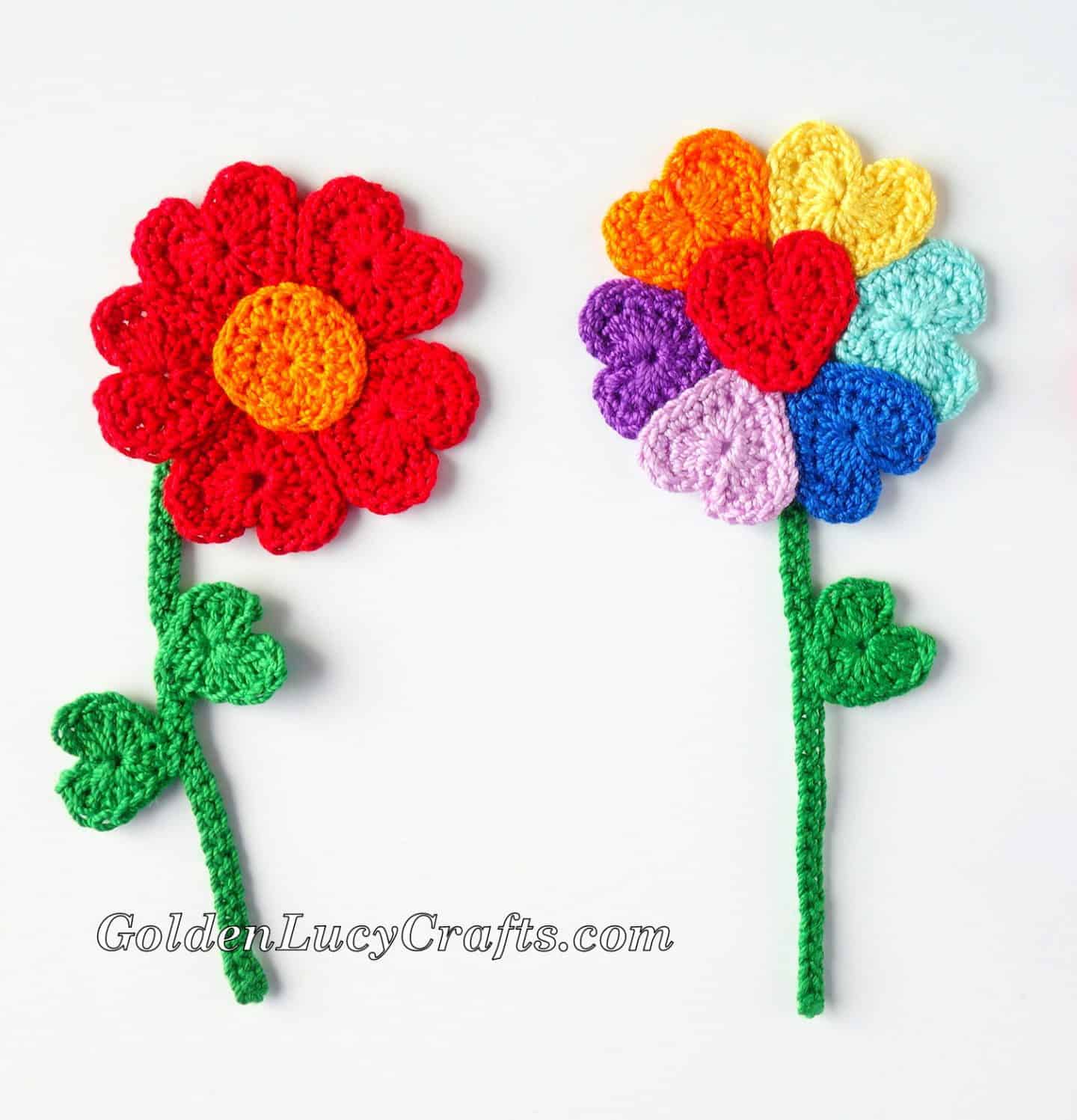 Two crochet flowers made from hearts.