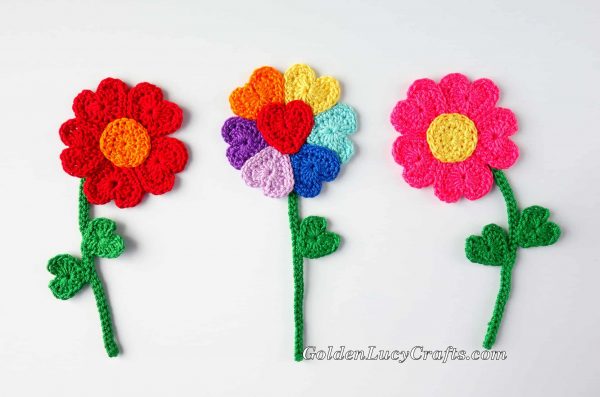Crochet flowers made from hearts, flower applique, free pattern