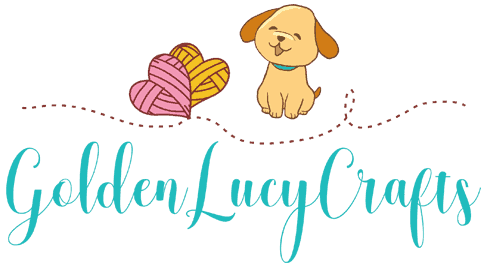Cartoon image of a puppy, two heart-shaped yarn balls, text saying goldenlucycrafts.