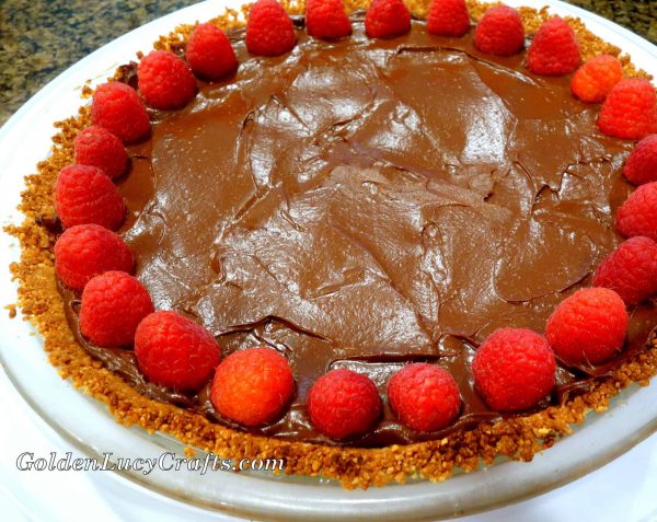 Chocolate tart garnished with raspberries