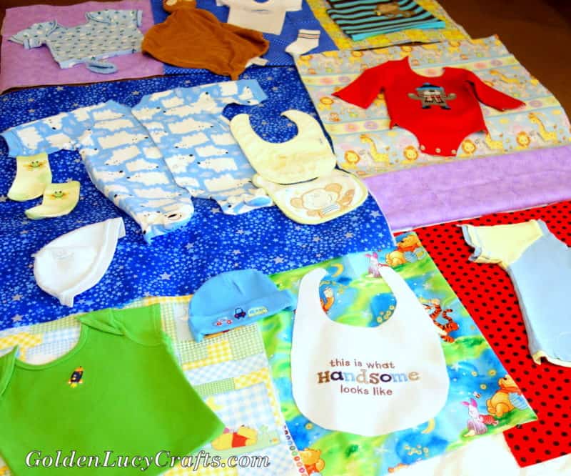 Process shot of making baby quilt - arranging the pieces.
