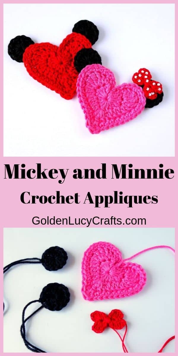 Crochet Mickey Mouse, Minnie, heart-shaped, applique, free pattern, Valentine's day