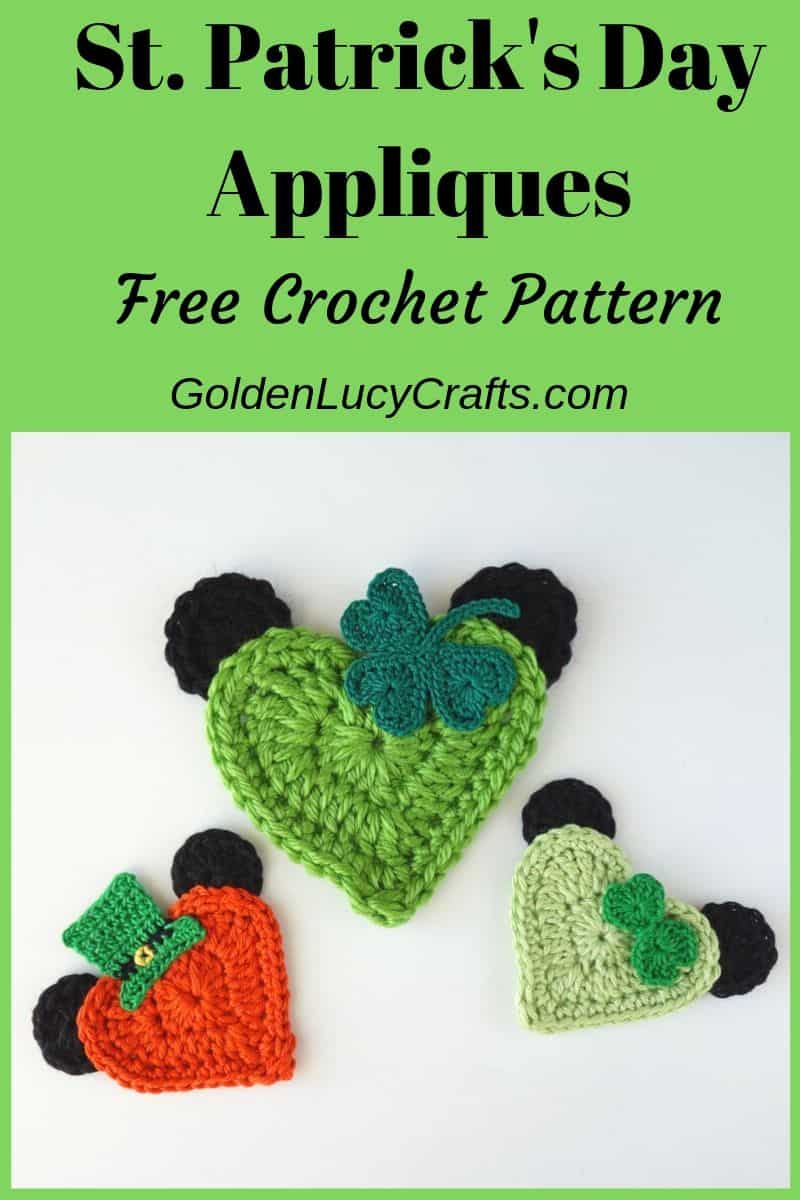 Crochet St Patrick's day appliques, heart-shaped Mickey and Minnie, free crochet pattern, holiday crochet