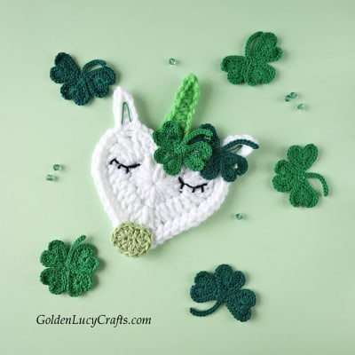 Small - St Patrick's Day crochet unicorn applique, free crochet pattern