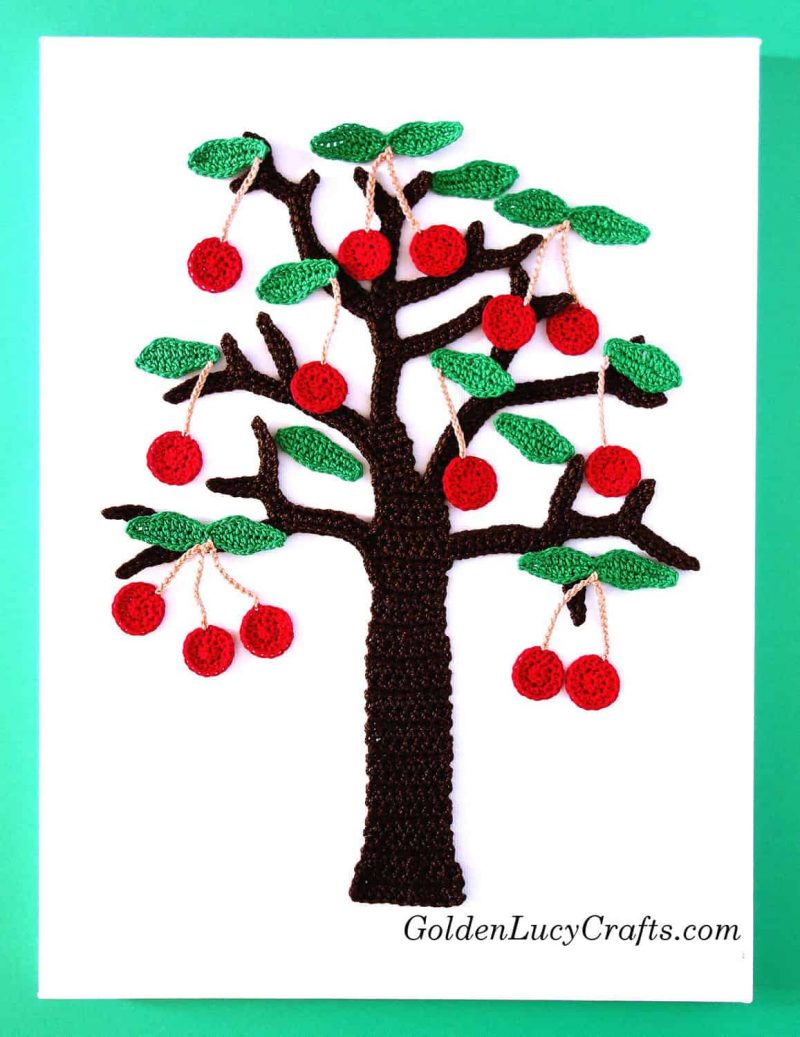 Crochet cherry tree applique, wall art idea