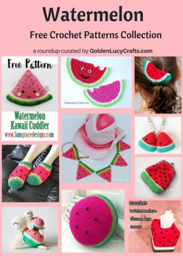 Photo collage of crochet watermelon themed items.