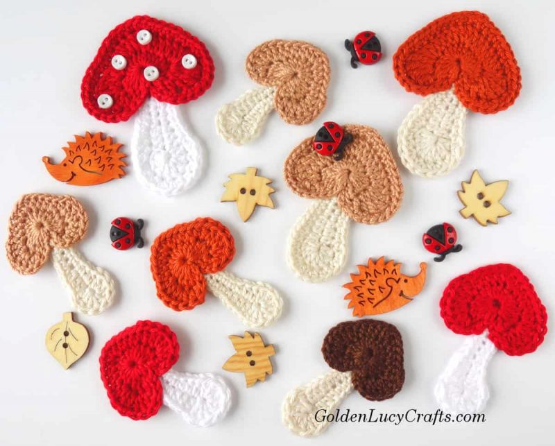 Crochet Mushroom appliques, craft buttons.