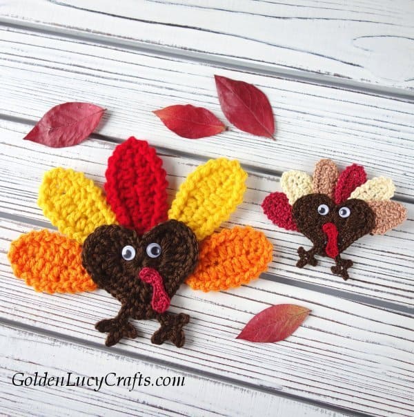 Two crochet turkey appliques - small and big one.