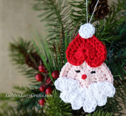 Crochet Santa ornament made from hearts.