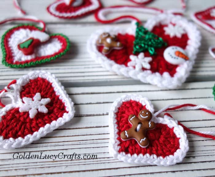 Crochet Christmas heart ornaments close up picture.