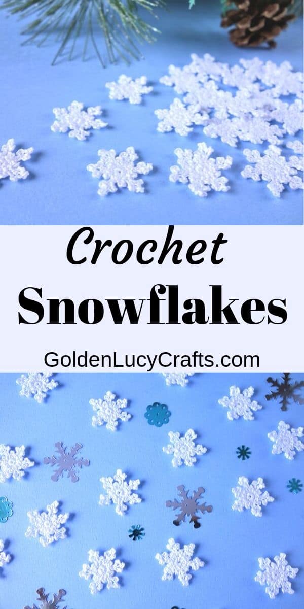 Crochet tiny snowflakes on the blue background, text saying crochet snowflakes, goldenlucycrafts dot com.