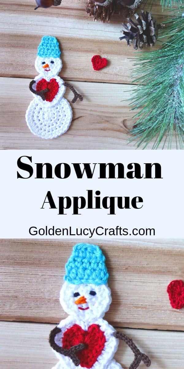 Crochet snowman applique, text saying snowman applique goldenlucycrafts dot com.