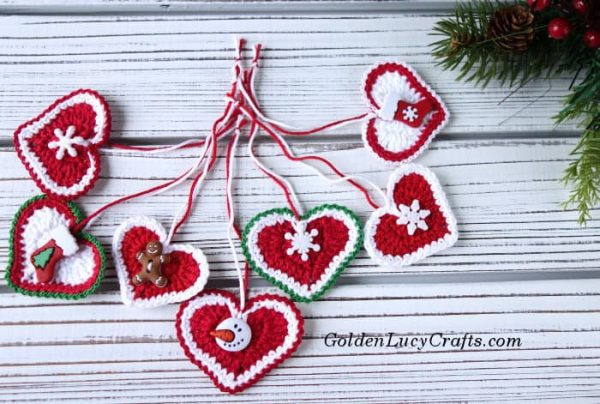 Bunch of crochet Christmas heart ornaments.