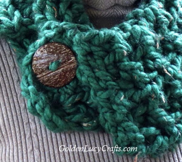 Green cowl, wooden button - close up picture.
