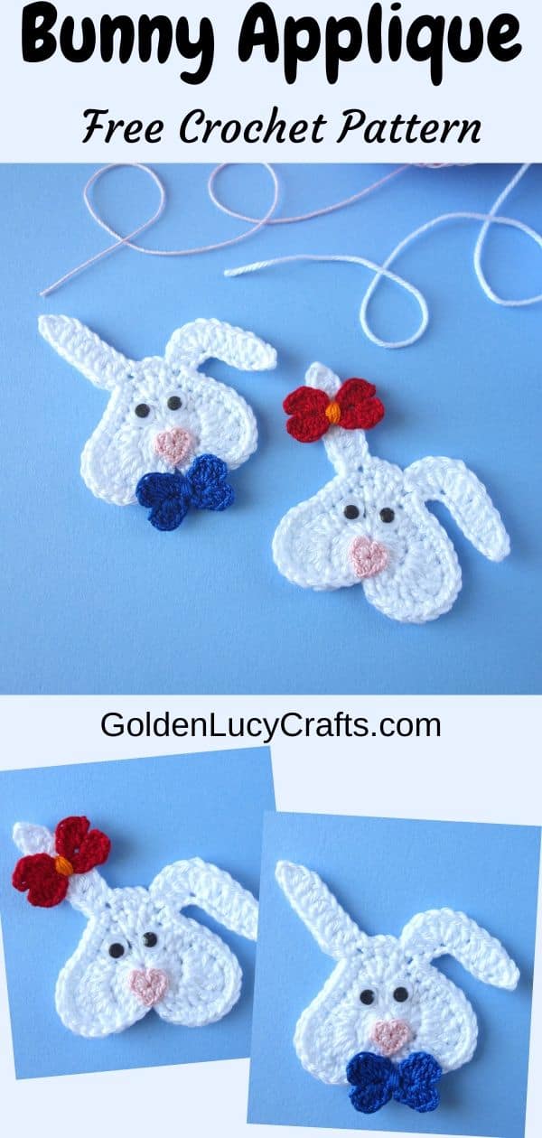 Crochet heart bunny appliques, text saying Bunny applique free crochet pattern. 