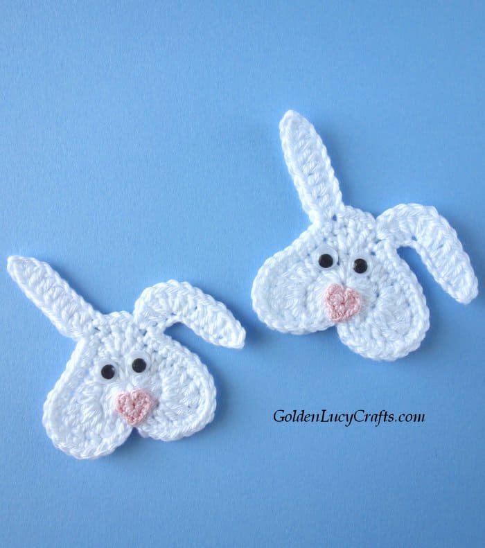 Two crochet heart-shaped Bunny appliques.