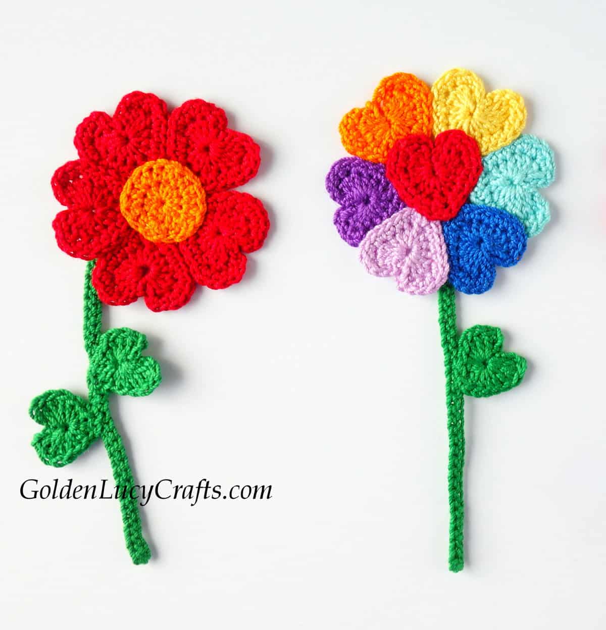 Crochet flowers made from hearts.