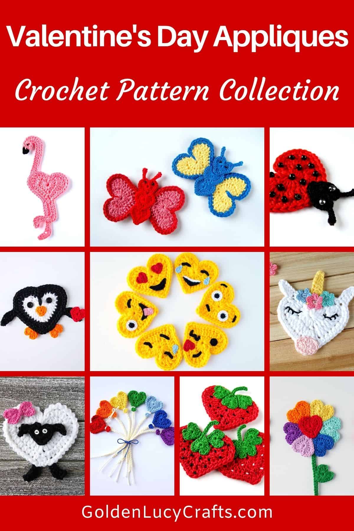 Valentine's Day crochet appliques picture collage.