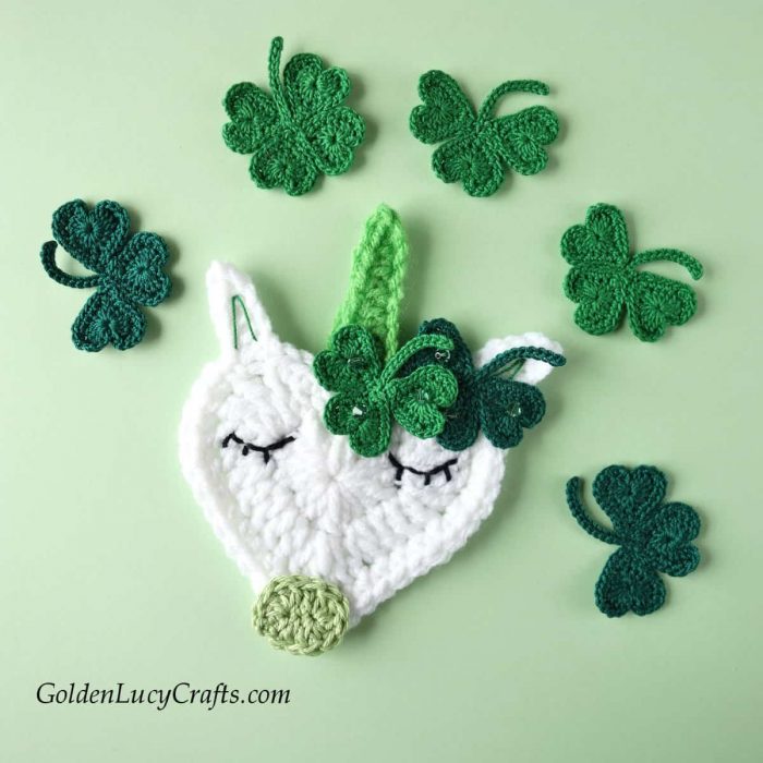 St Patricks Day crochet unicorn, unicorn applique, unicorn free crochet pattern