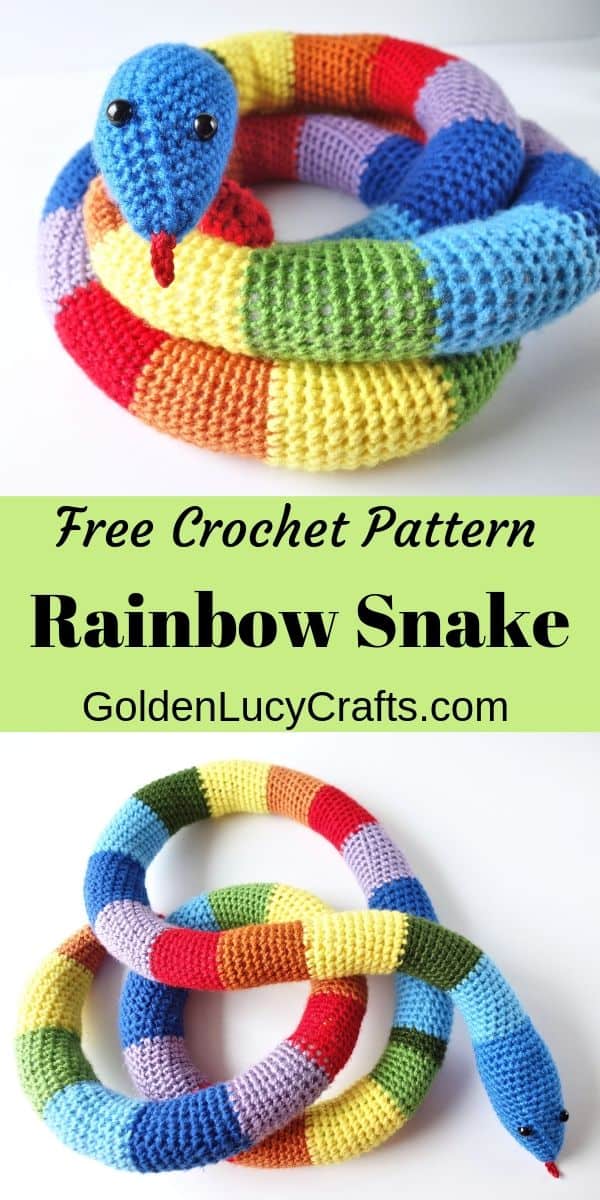 Crocheted rainbow snake, text saying free crochet pattern rainbow snake goldenlucycrafts.com.