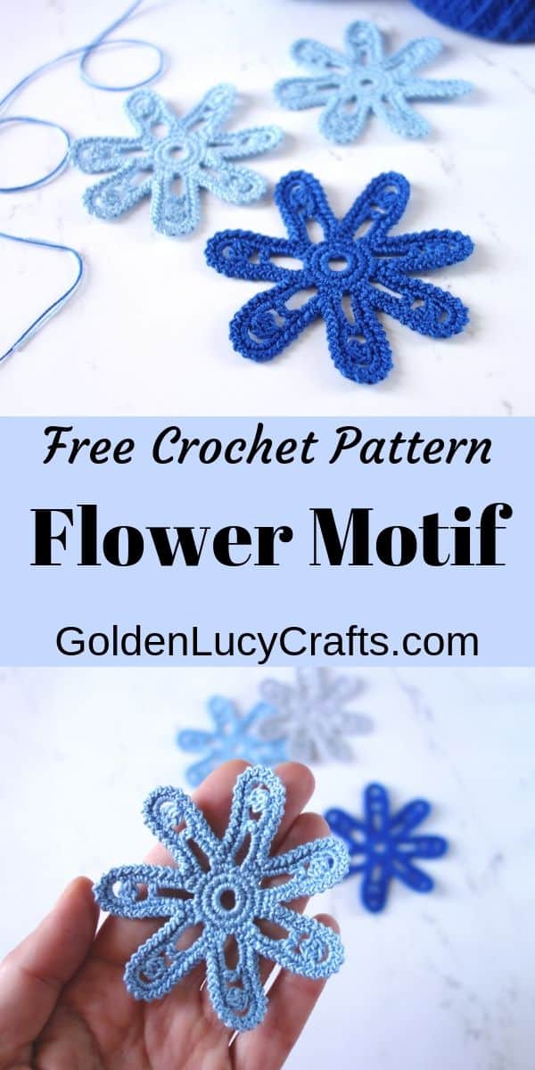 Crochet flowers, text saying Free crochet pattern, flower motif, goldenlucycrafts dot com.