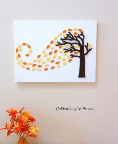 Crochet Autumn tree and wind, tree in a wind, windy tree wall art, wall decor on canvas idea