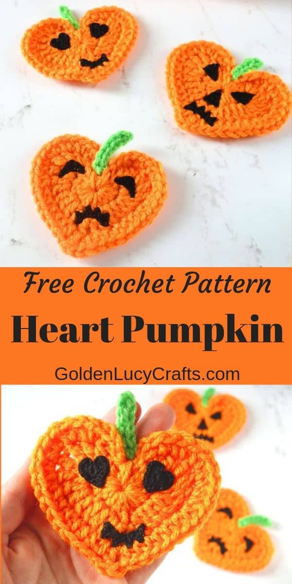 Crochet Halloween heart pumpkin Jack-O'-Lantern applique.