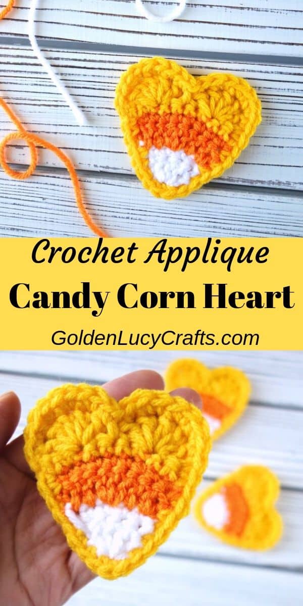 Crochet candy corn heart applique.