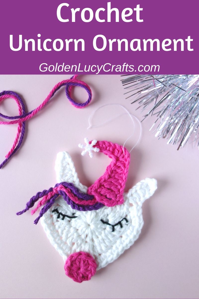 Crochet Unicorn Christmas ornament, free crochet pattern, DIY, Unicorn tree decoration idea, unicorn applique