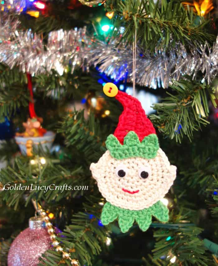 Crochet elf Christmas ornament.