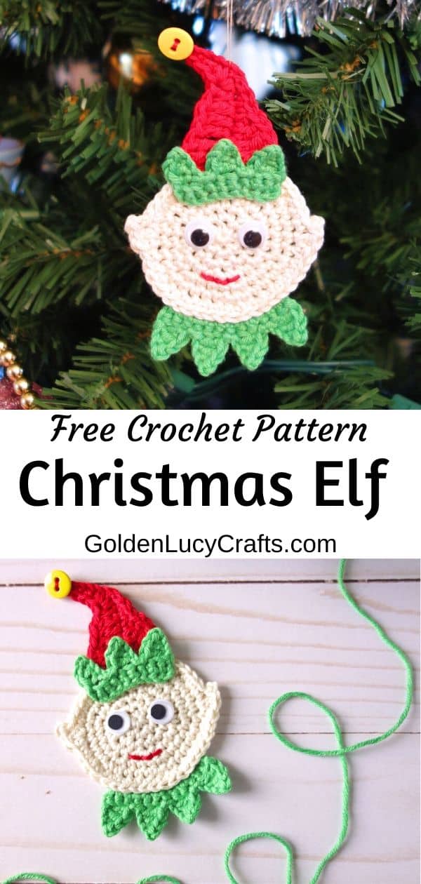 Crocheted elf ornament, text saying free crochet pattern, Christmas elf, goldenlucycrafts dot com.