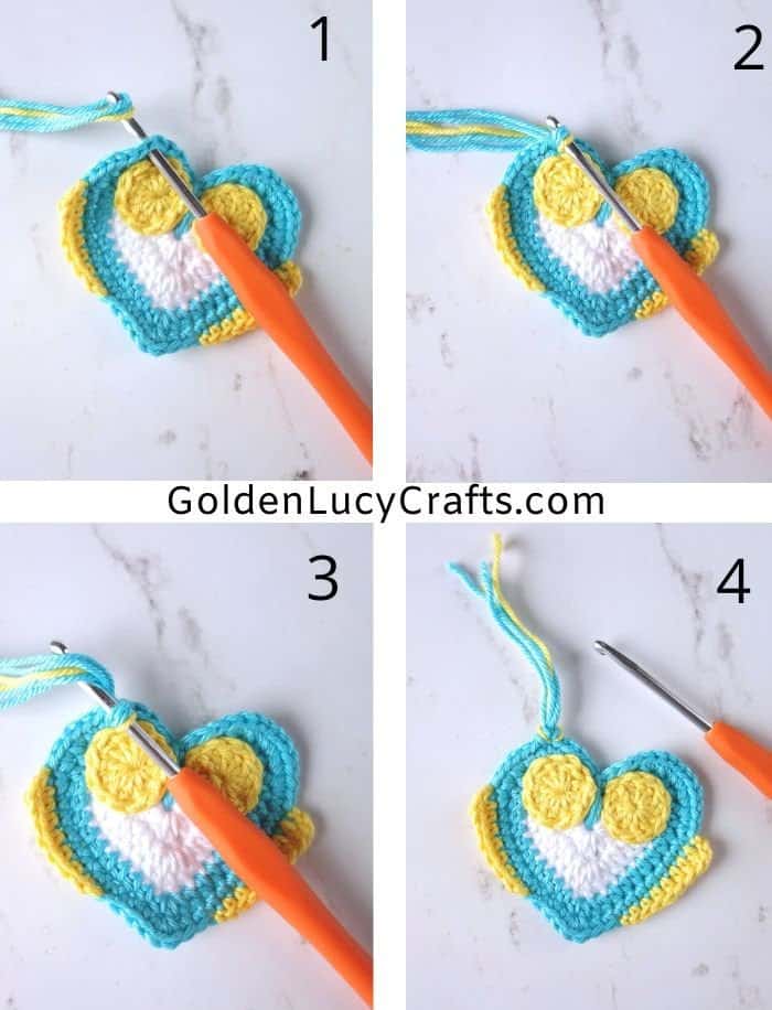 Step by step pictures of making ears for the crochet owl applique.