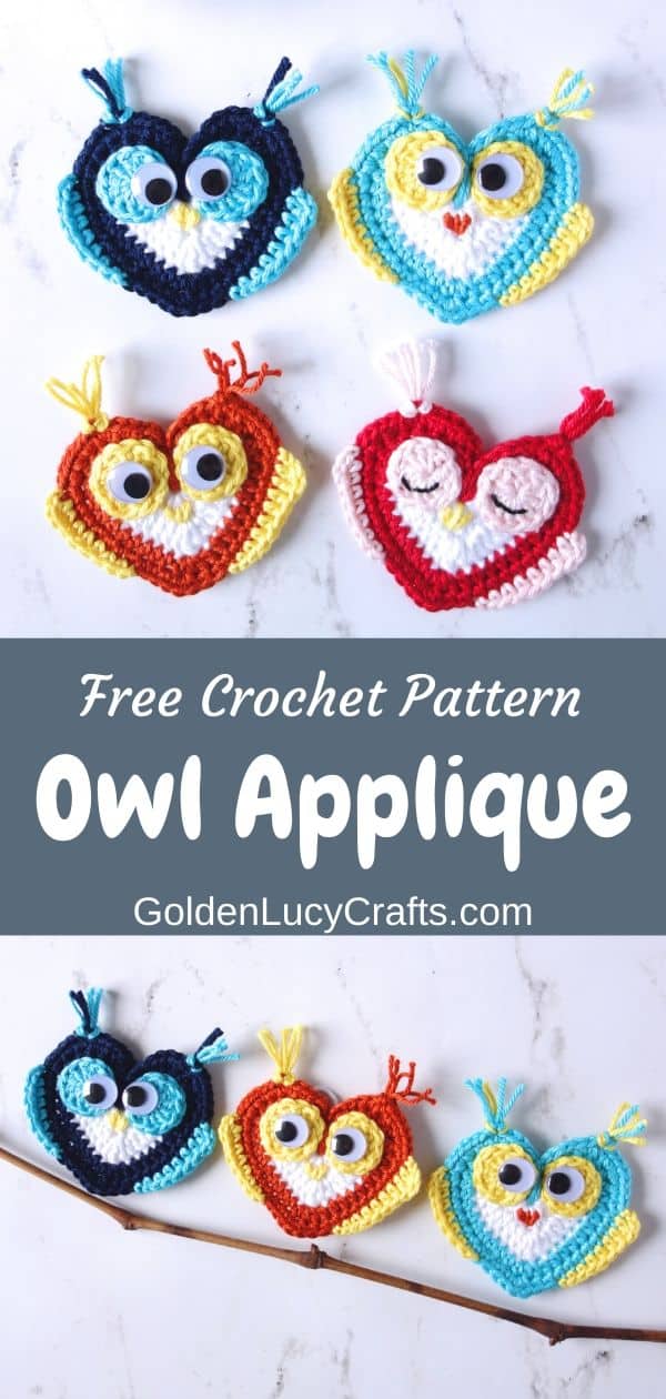 Crochet heart-shaped owl appliques.
