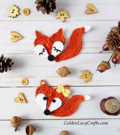 Two crochet fox appliques, pine cones, acorns, craft buttons.