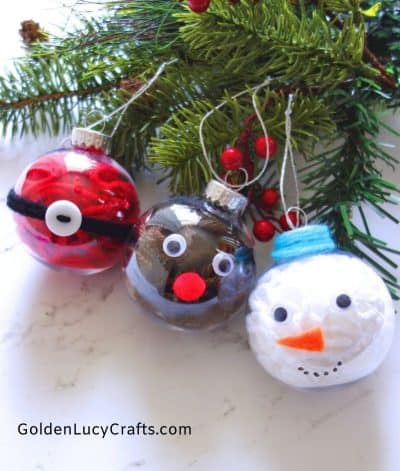 DIY clear ball yarn-filled Christmas ornaments Snowman, Santa, Reindeer..