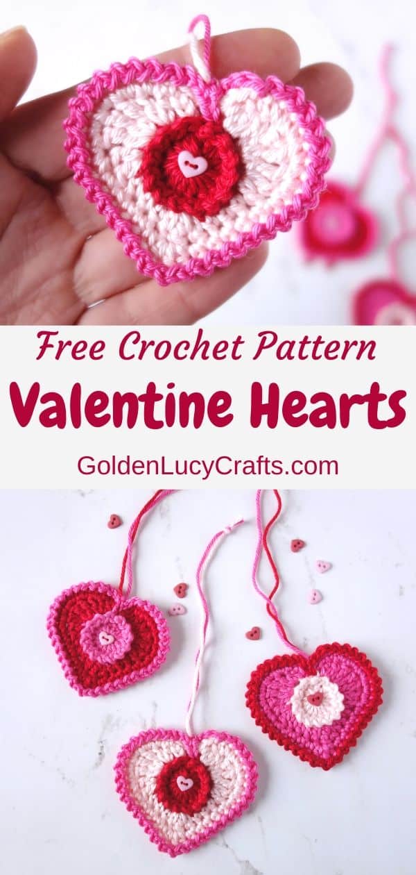 Crochet Valentine hearts, Valentine's Day decorations, free crochet pattern, crochet applique