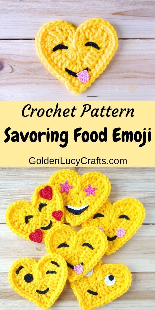 Crochet emojis, face savoring food heart emoji applique.