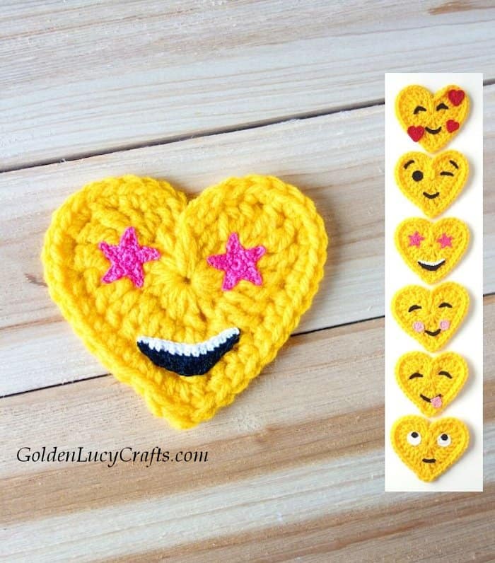 Crochet emoji, star eyes emoji, free crochet pattern, heart shaped emoji