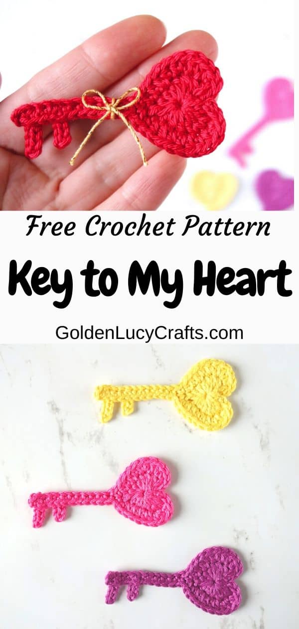 Crochet applique key to my heart, heart shaped keys.