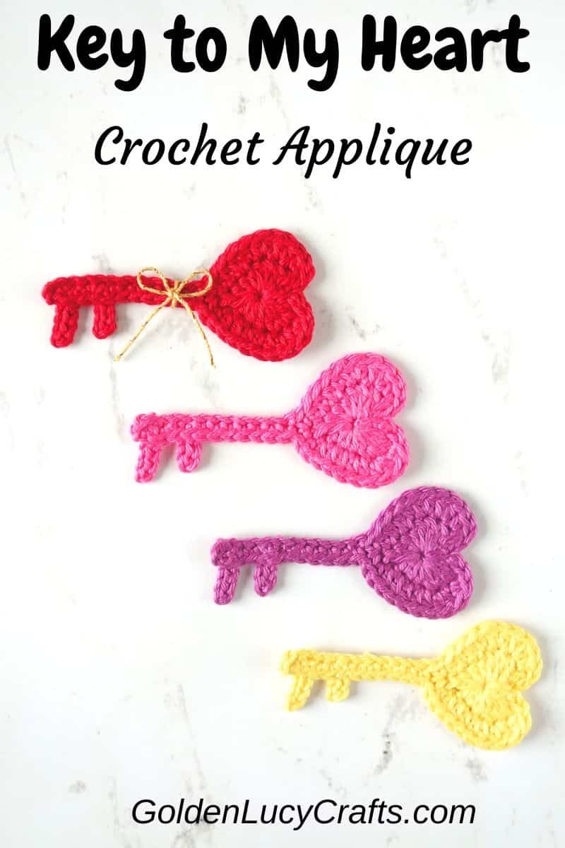 Crochet applique Key to My Heart, Valentine's Day crochet applique, heart shaped key