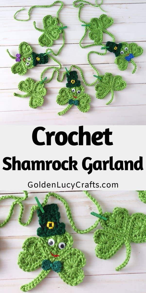 Crochet Shamrock garland for St. Patrick's Day decoration.